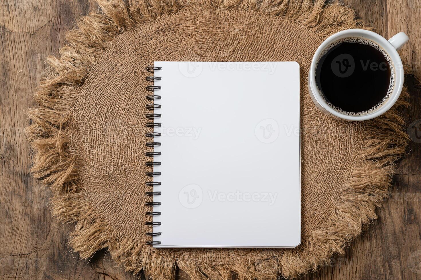 Blank notebook and coffee on a rustic wooden table photo