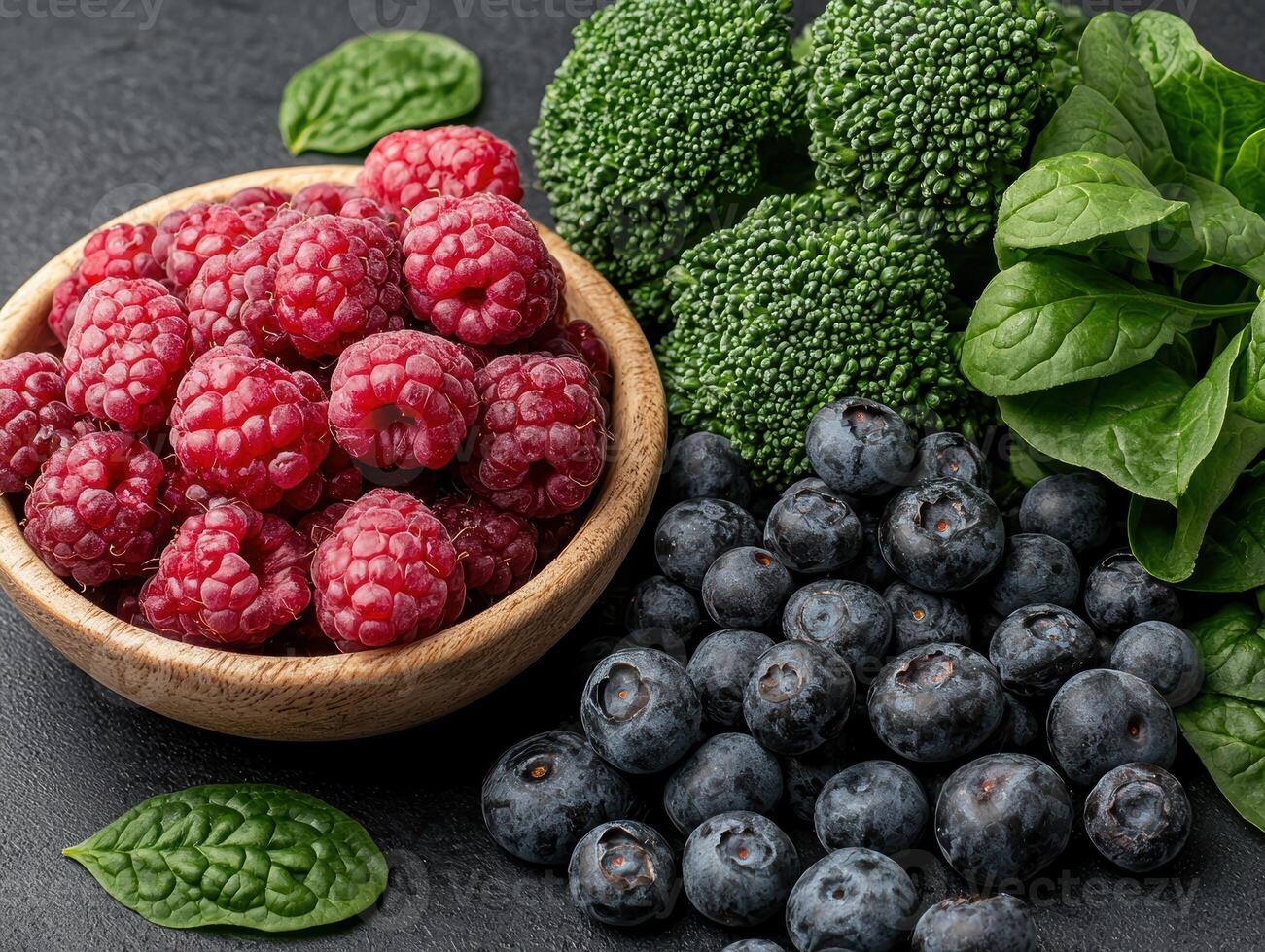 Fresh raspberries in a wooden bowl with blueberries, broccoli, and spinach photo