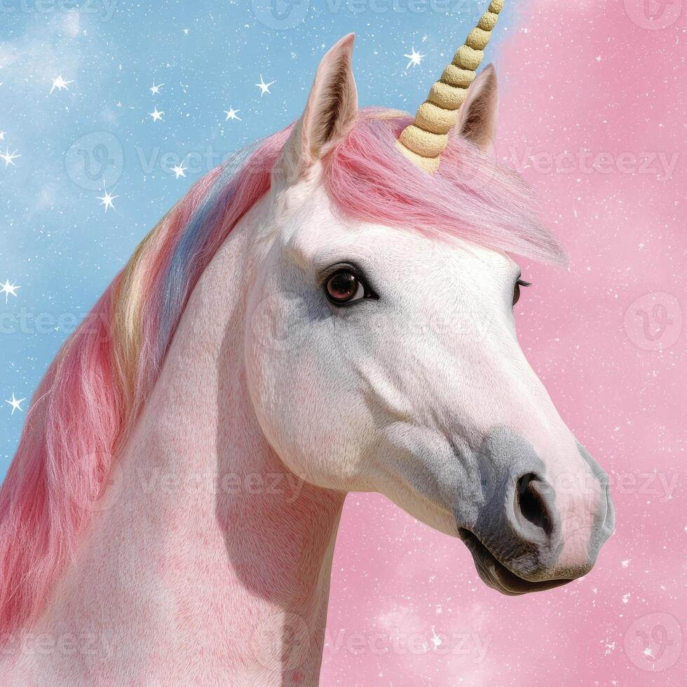Close up of a unicorn with a pink mane against a colorful sky photo