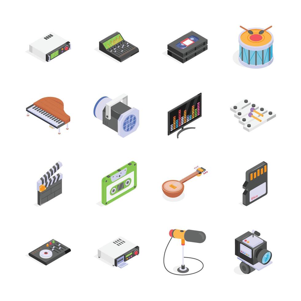 A set of isometric icons of various music, film, and audio equipment. vector