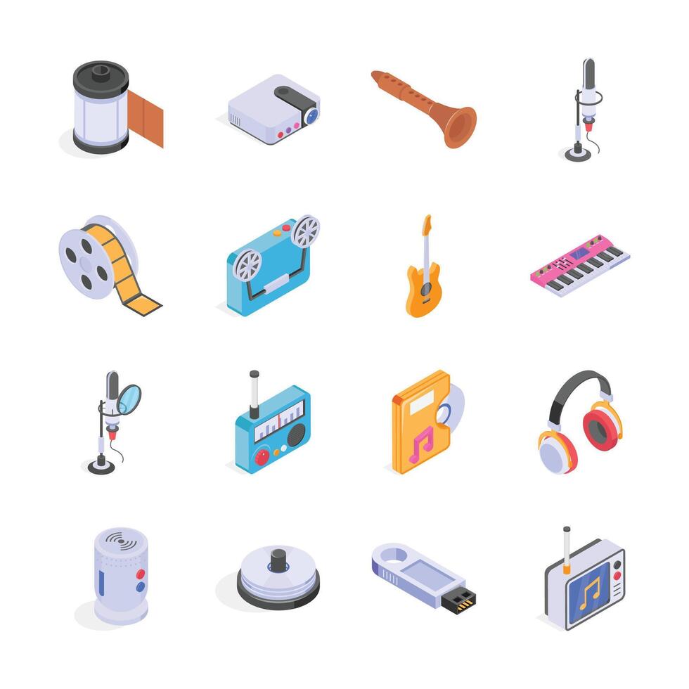 A collection of isometric icons representing various vintage and modern media devices vector