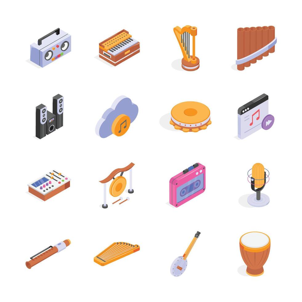 This vibrant isometric design showcases a variety of musical instruments and audio equipment. vector