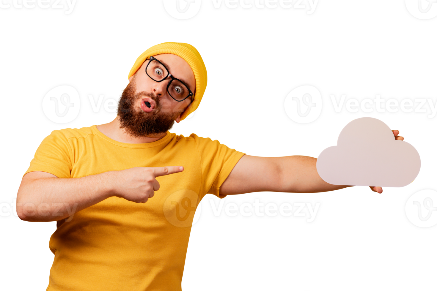 man point at white storage cloud png