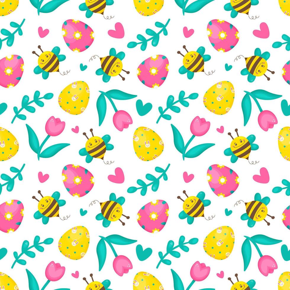 Easter pattern with eggs, tulip and bee. Spring seamless pattern. In cartoon style. In bright colours. Happy Easter. vector