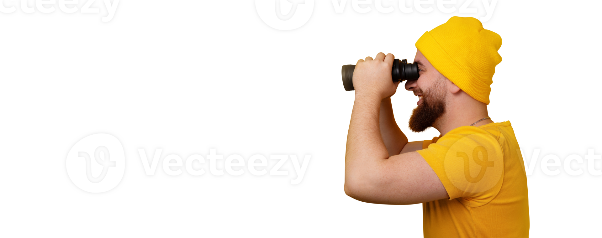 man standing in profile and looking into binoculars png