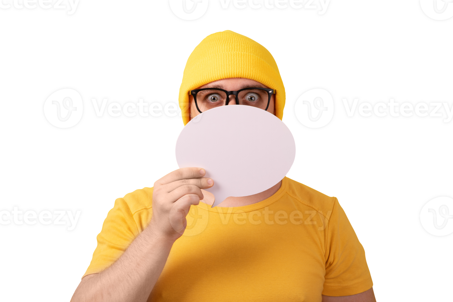 caucasian man holding speech bubble with empty space for text isolated on transparent background png