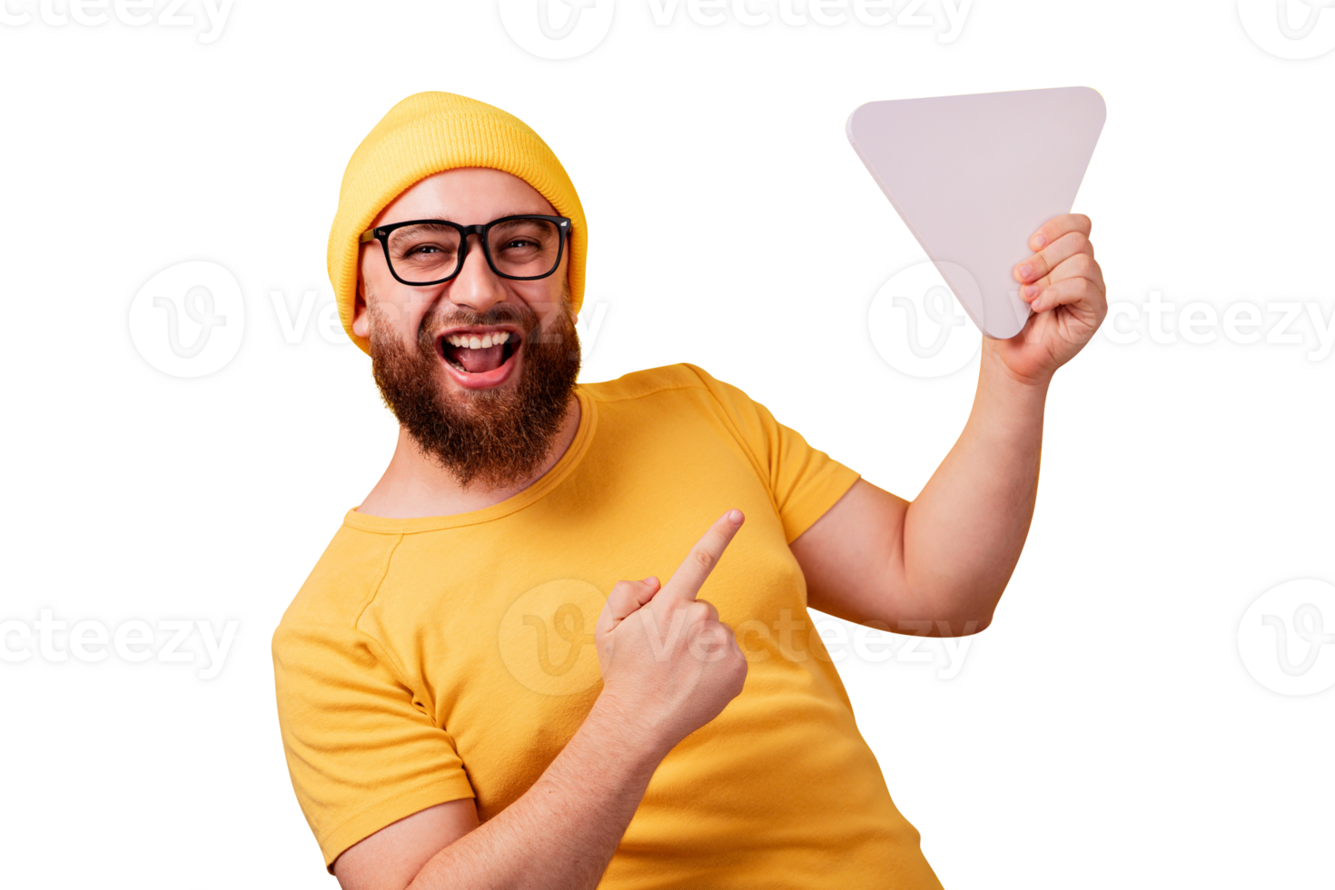 happy man pointing at play button png