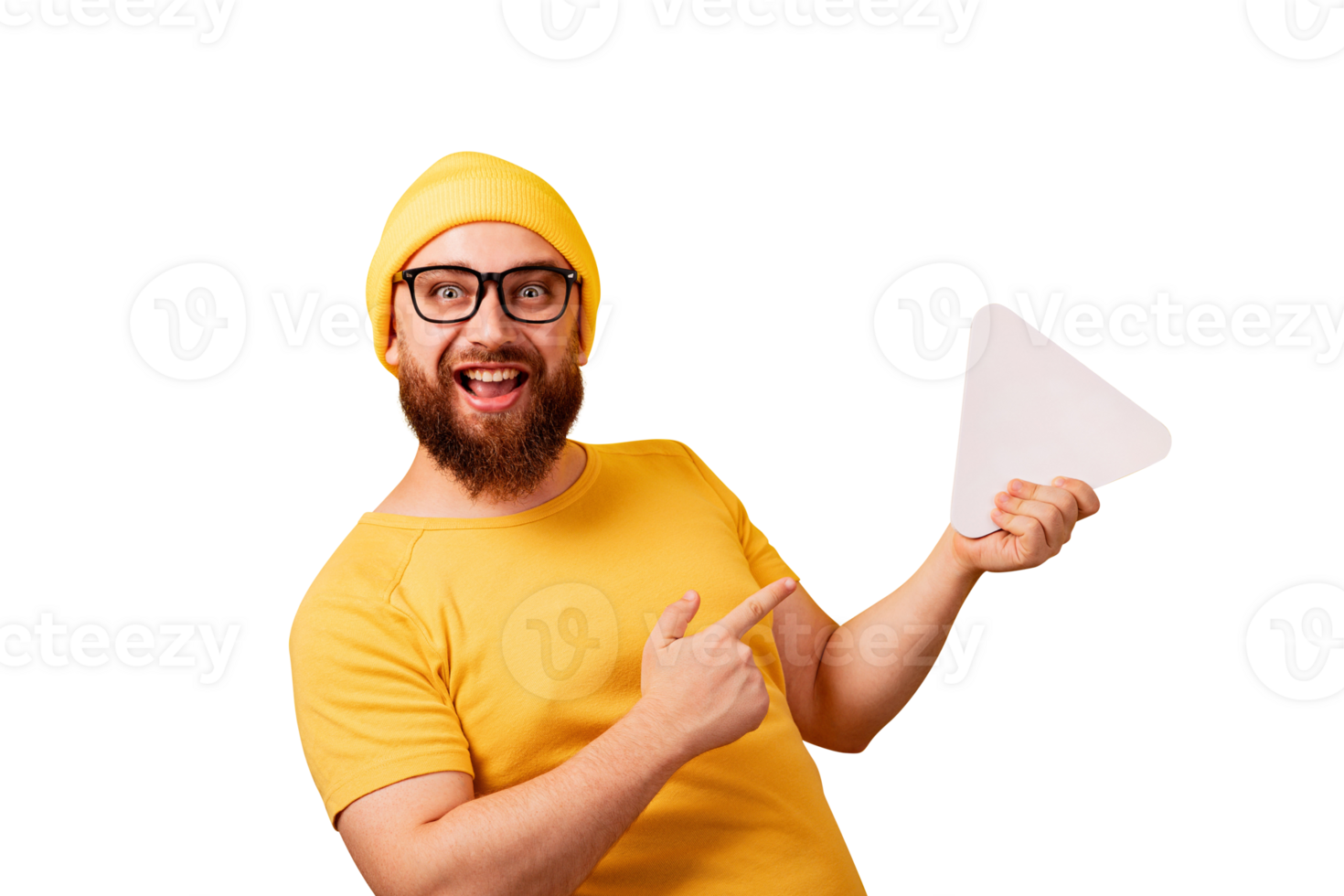 smiling man pointing at play button sign isolate png