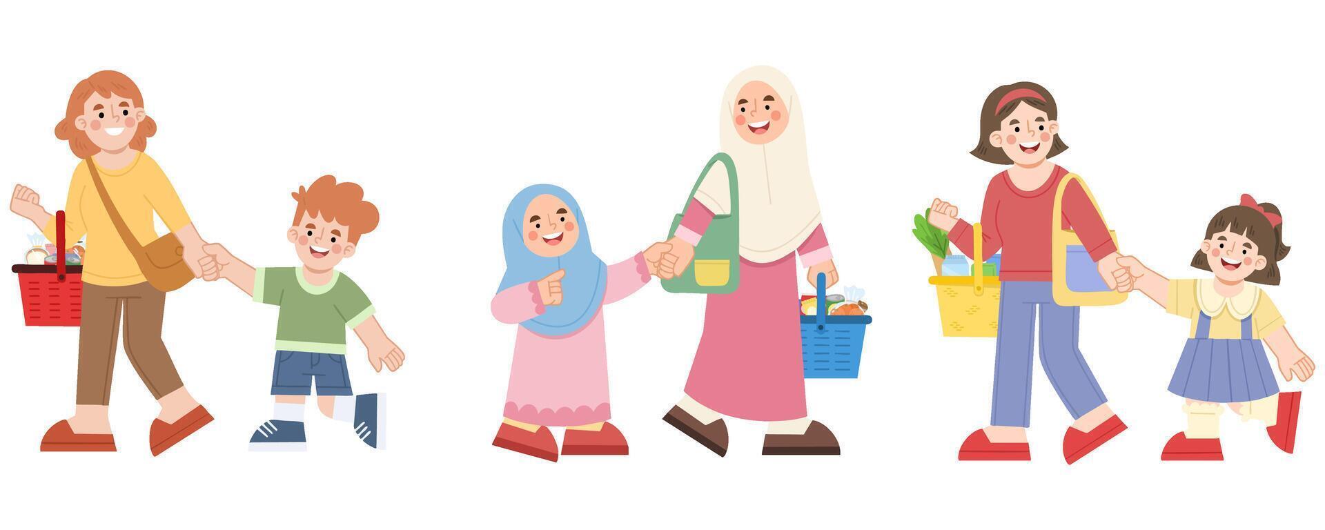 Illustration set of mother and children shopping vector
