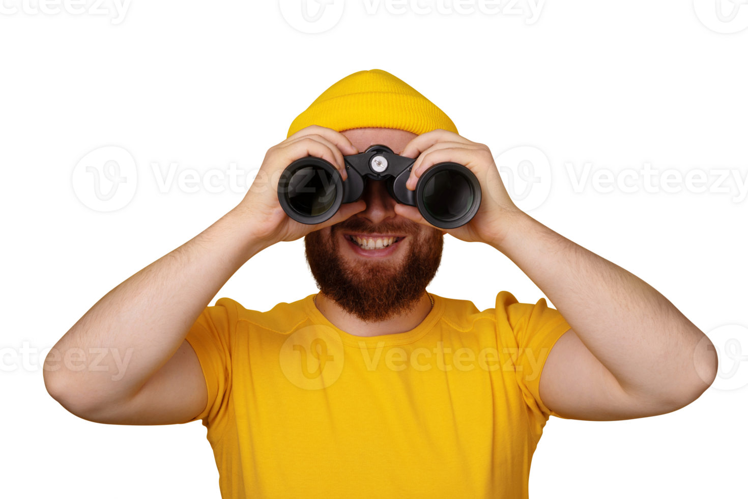 smiling man looking into binoculars isolate png
