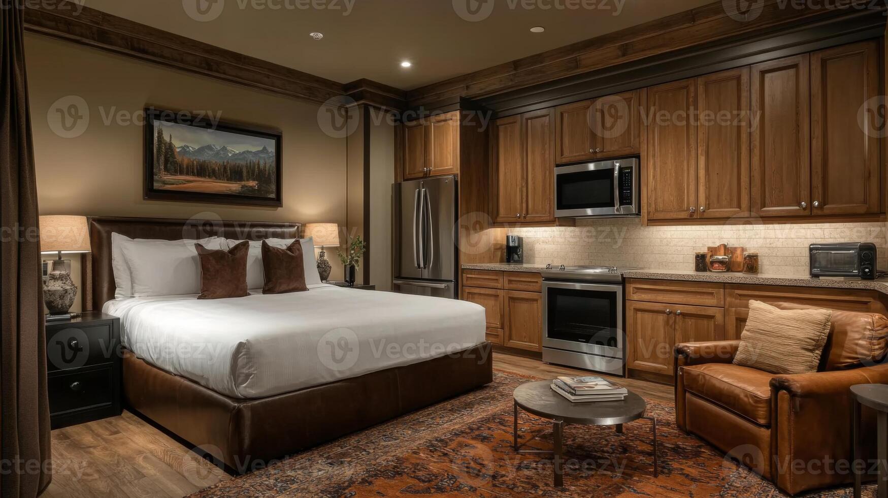 This cozy bedroom features a large bed and rustic wooden cabinetry, complemented by modern appliances. Warm lighting adds comfort for a perfect mountain retreat experience. photo