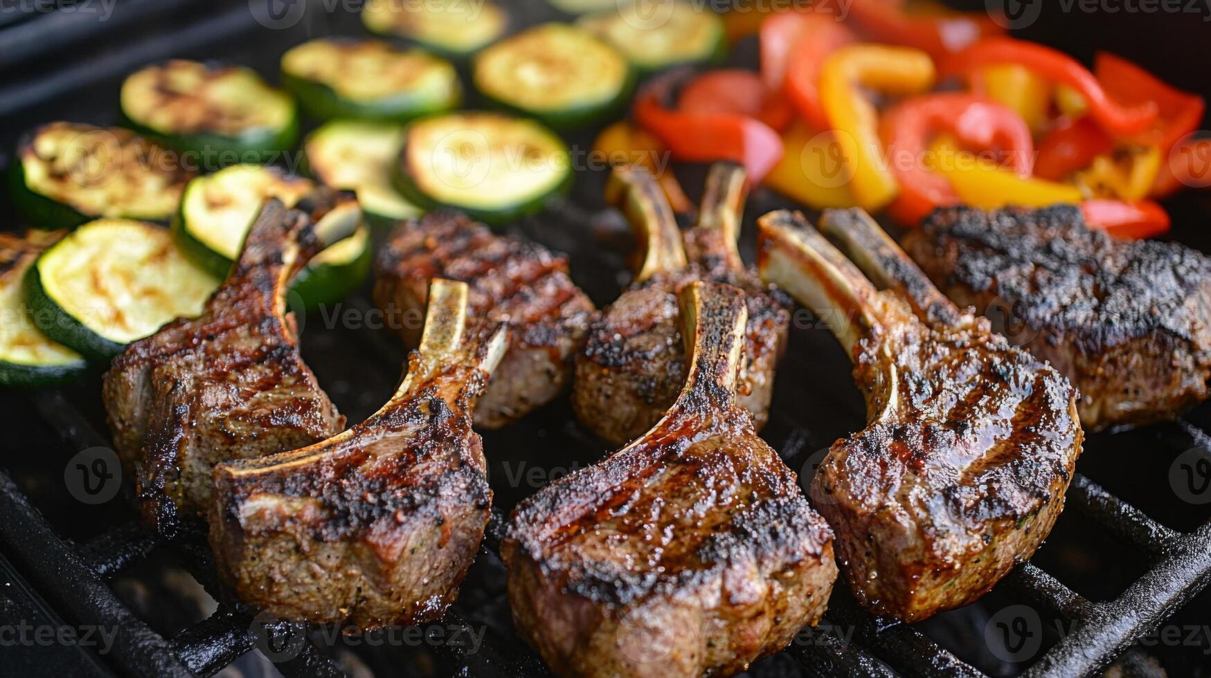 Succulent lamb chops are sizzling on the grill alongside fresh zucchini and colorful bell peppers. This outdoor cooking activity captures the essence of a summer barbecue, inviting everyone to enjoy. photo