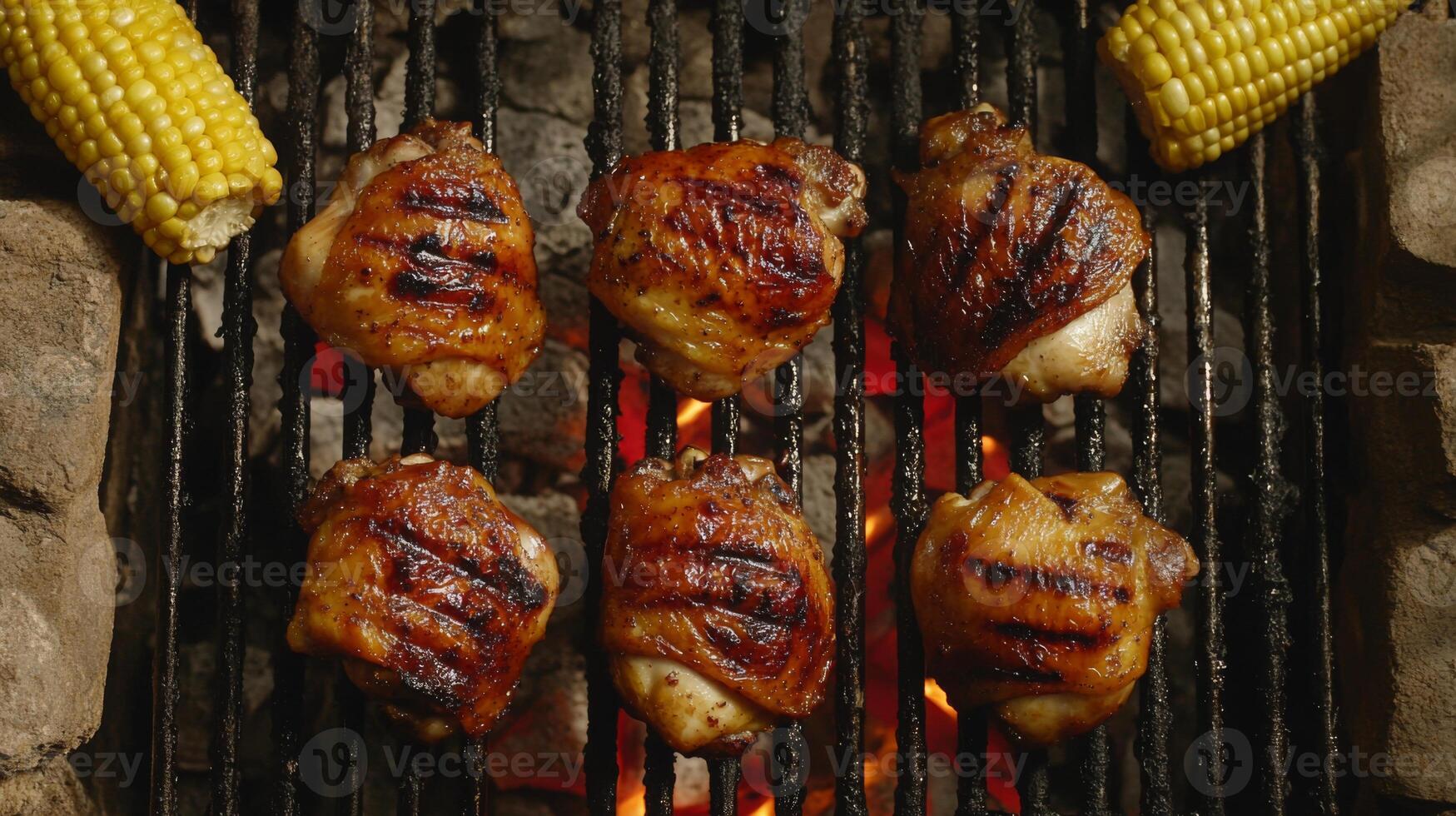 Juicy chicken thighs, perfectly grilled with charred marks, sit beside golden corn on a barbecue grill. The vibrant flames create a delicious atmosphere for a sunny outdoor gathering. photo