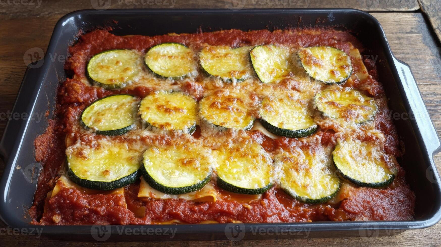 A mouthwatering baked pasta dish featuring layers of pasta, marinara sauce, zucchini slices, and melted cheese. Perfect for a hearty meal enjoyed during a cozy dinner at home. photo