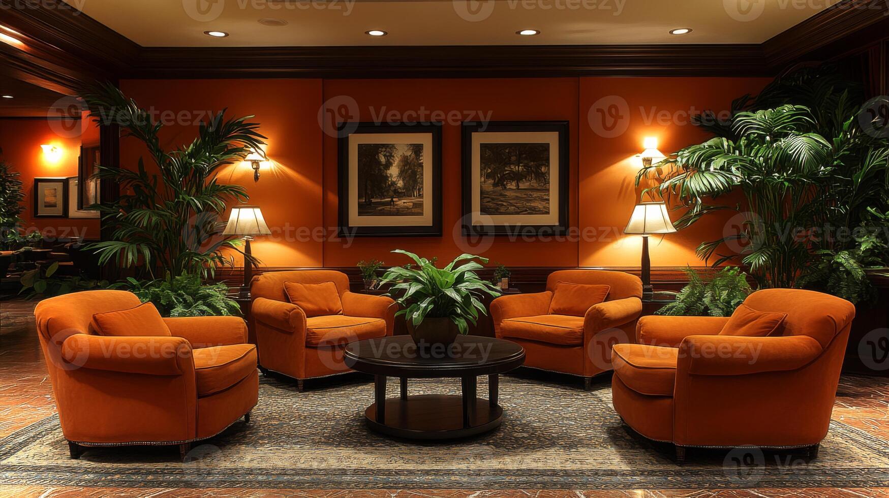 Softly glowing lights illuminate a cozy seating area featuring four orange armchairs arranged around a round table, complemented by lush greenery and framed artwork on the walls. photo
