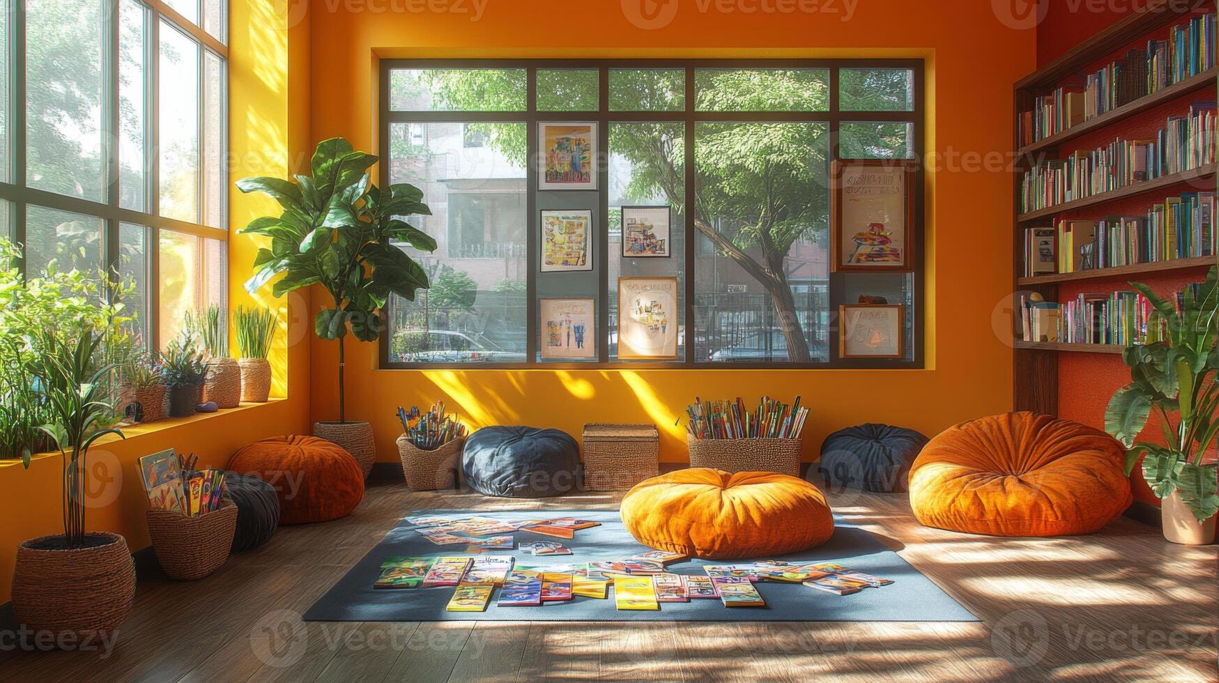 This inviting reading nook features bright orange walls and large windows, allowing natural light to flood the space. photo