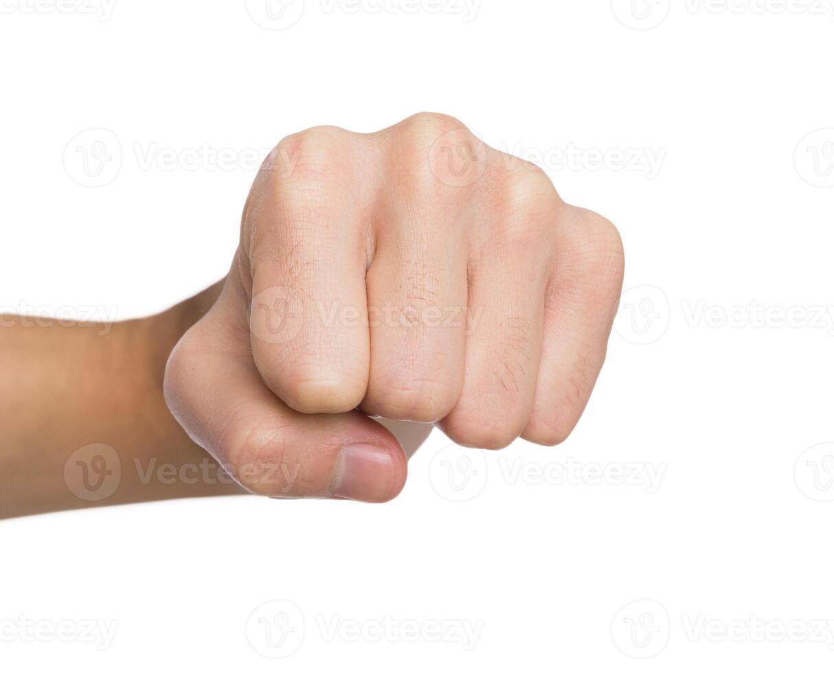 Hand gesture. Man clenched fist, ready to punch, isolated on white, close-up, copy space photo