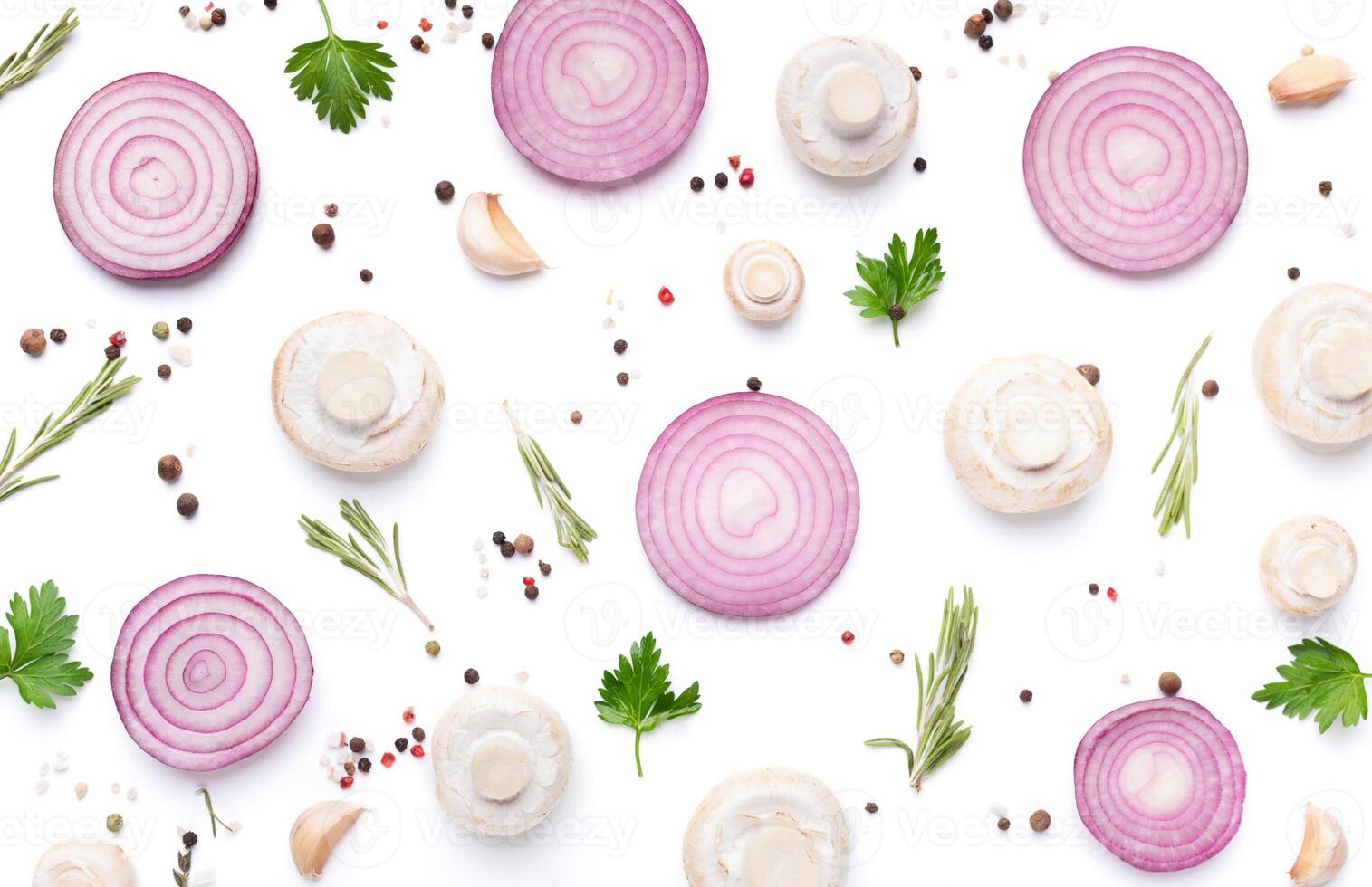 Creative food minimalism. Fresh champignon mushrooms with parsley, peppercorns and purple onion slices on white background, top view photo
