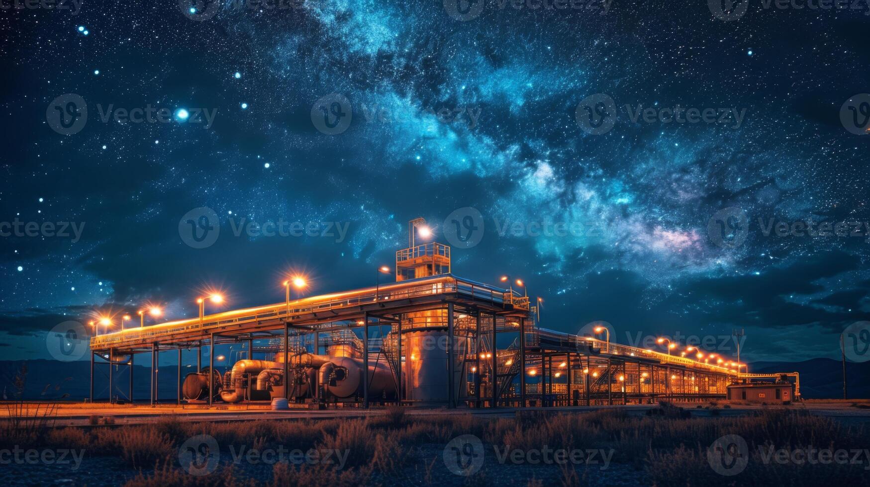 An industrial facility stands illuminated at night, with bright lights contrasting against a backdrop of a stunning starry sky, highlighting the beauty of nature and technology's impact. photo
