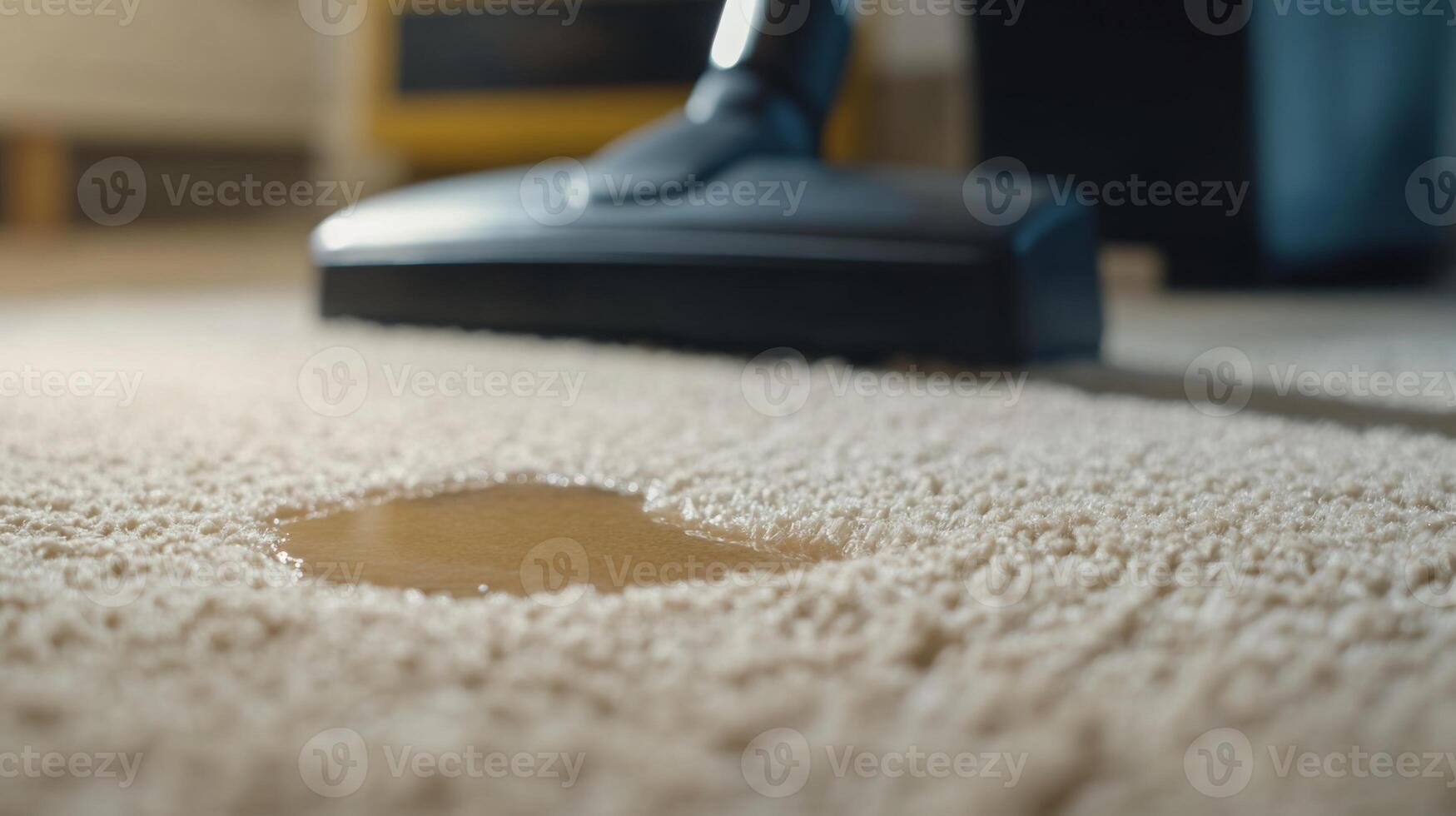 A vacuum cleaner removes a visible stain from a carpet in a bright living room. Sunlight pours in through windows, highlighting the dust being lifted during a thorough spring cleaning session. photo