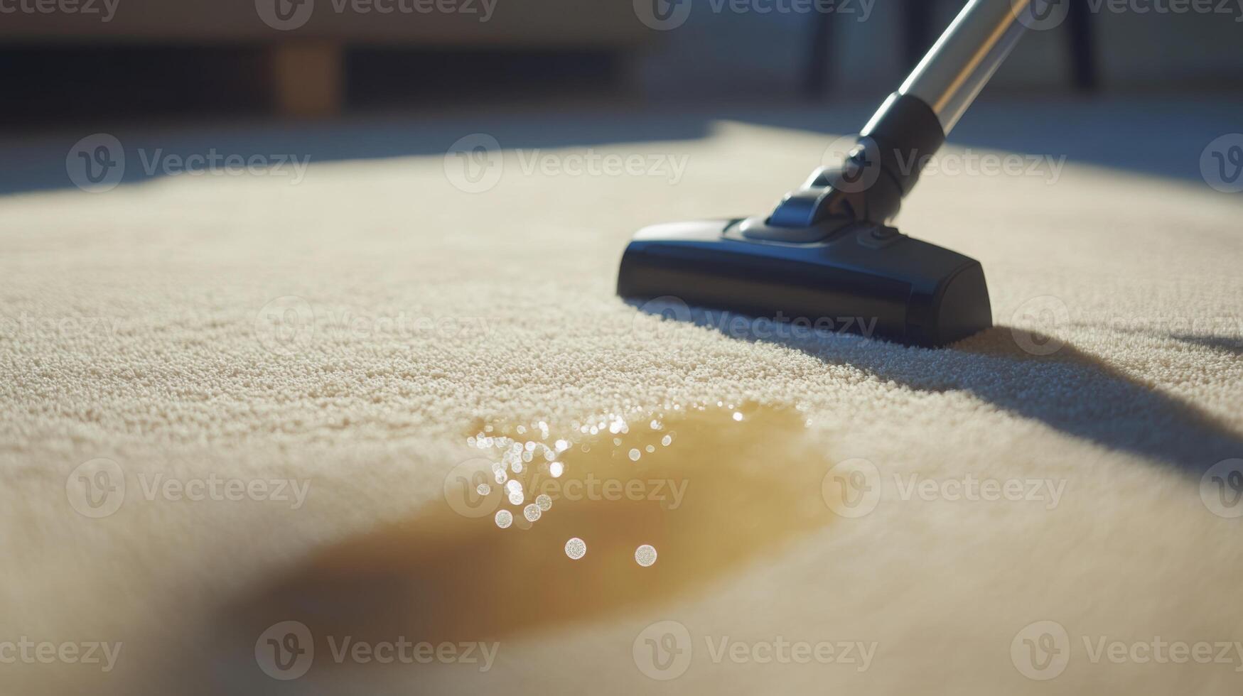 During a spring cleaning session, an AI-assisted vacuum cleaner works diligently to remove a stubborn stain from the beige carpet. The bright sunlight streams into the room, highlighting the dirt. photo