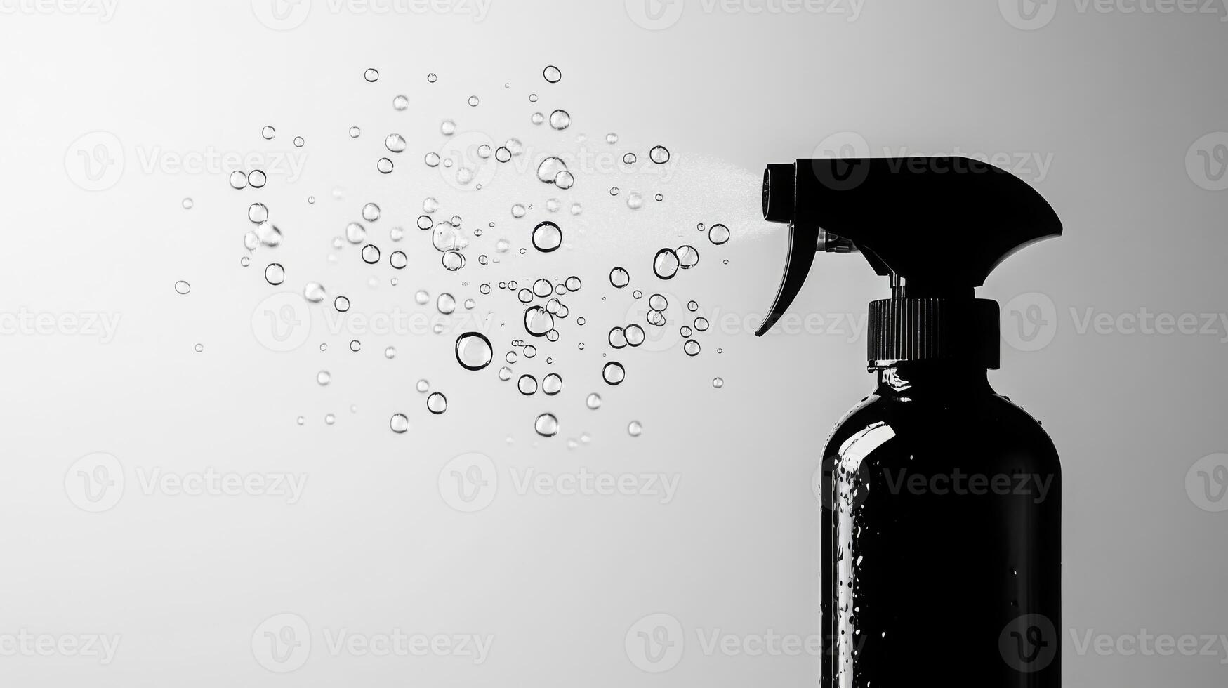 A black spray bottle releases fine droplets of cleaning solution, creating a mist. photo