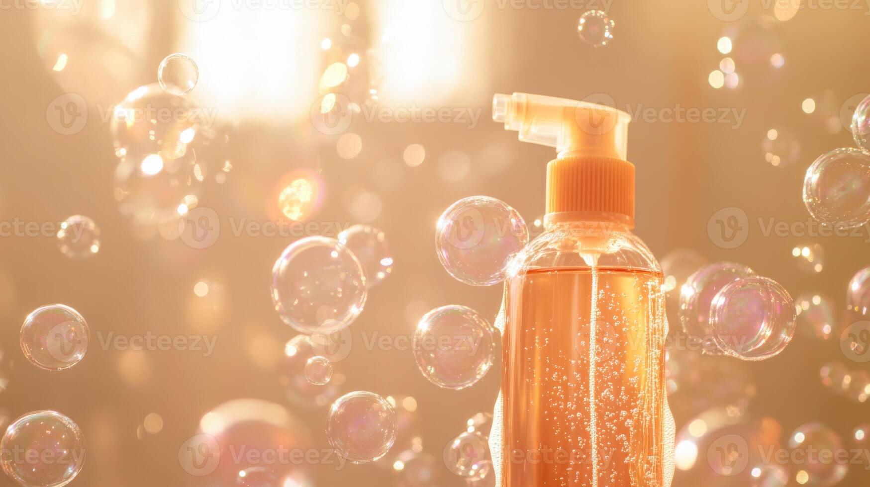 A glass bottle filled with orange liquid sits amid floating bubbles in a brightly lit room. The scene captures the essence of spring cleaning with a focus on using natural, invigorating products. photo
