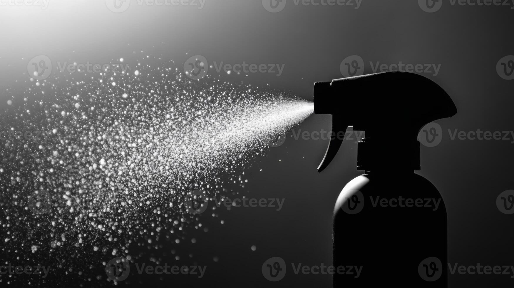 A close-up of a spray bottle releasing a fine mist, illustrating the process of spring cleaning. The background is dark, emphasizing the spray's movement and creating a fresh atmosphere of renewal. photo