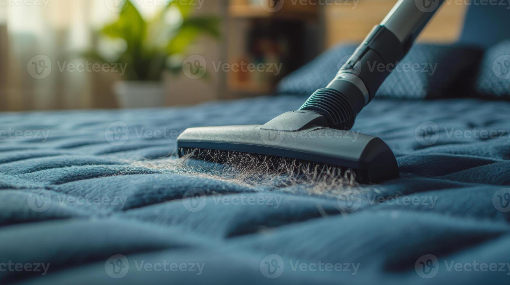 A person uses a vacuum cleaner on a blue mattress as part of their spring cleaning routine in a well-lit, tidy room. The process highlights the importance of cleanliness and organization. photo