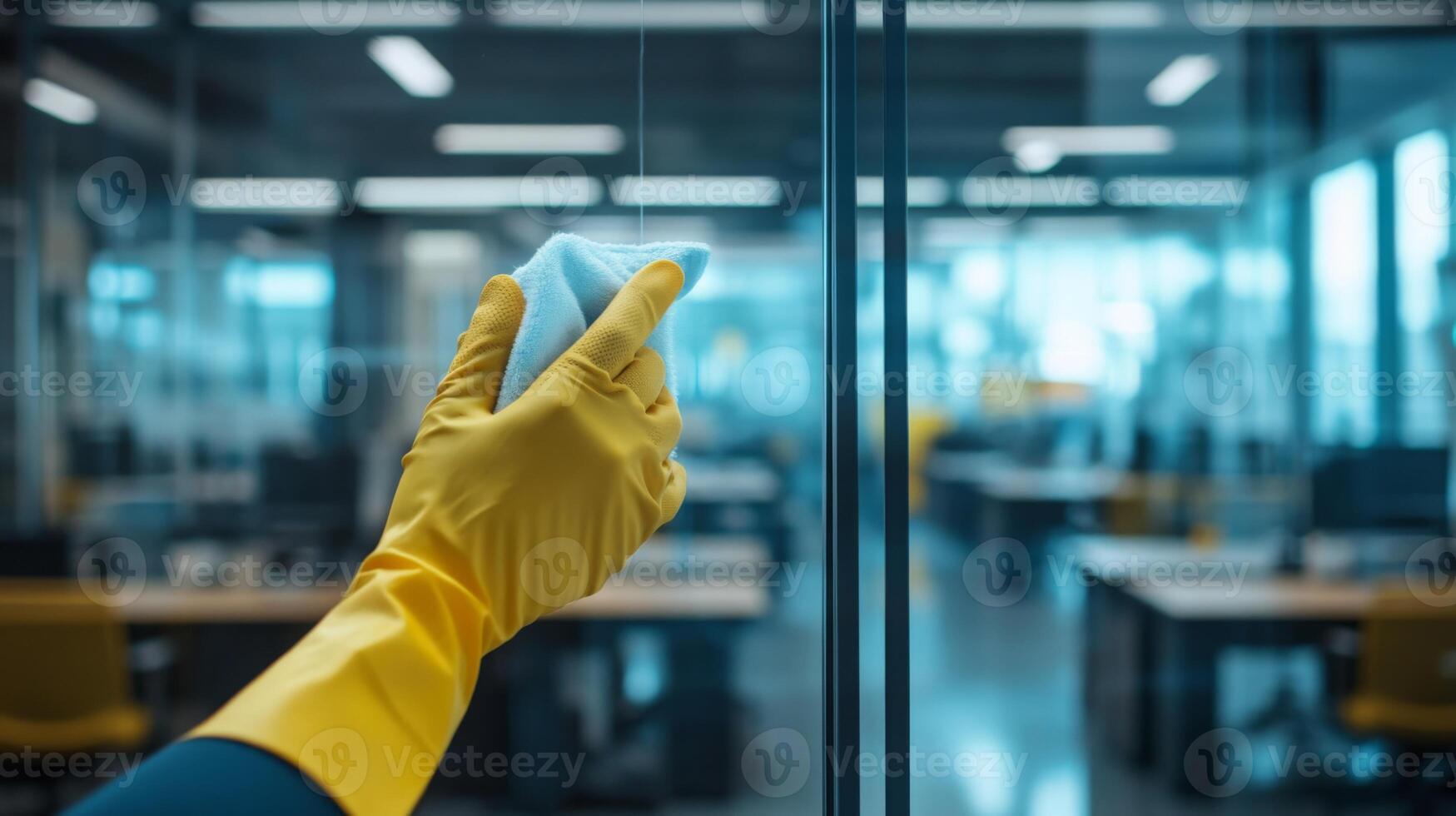 A person wearing yellow gloves diligently cleans glass surfaces in a contemporary office during the spring season. photo