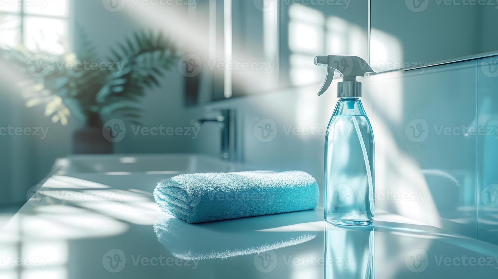 A brightly lit bathroom features a spray bottle and a blue towel on a sleek countertop. Sunlight pours through the window, creating a fresh atmosphere ideal for spring cleaning. photo