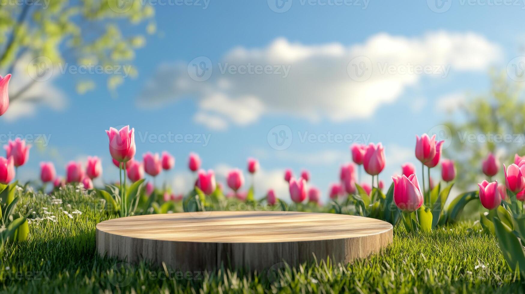 A wooden podium sits amidst blooming pink tulips and lush green grass. The bright blue sky overhead is dotted with fluffy white clouds, creating a serene spring atmosphere. photo