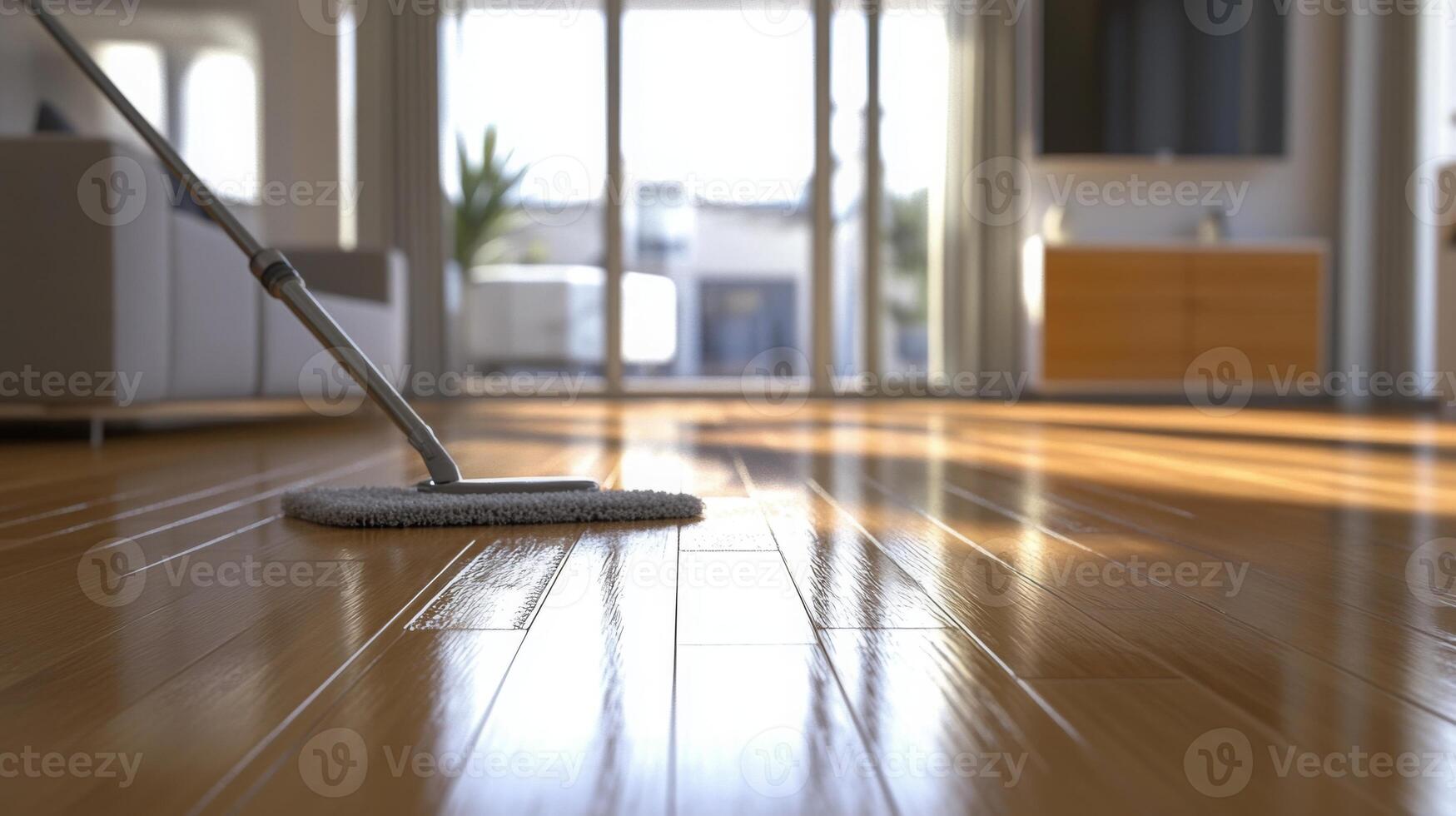 A clean, bright living area features polished wooden floors reflecting sunlight. An AI-assisted cleaning device works diligently, ensuring every corner shines during spring cleaning. photo