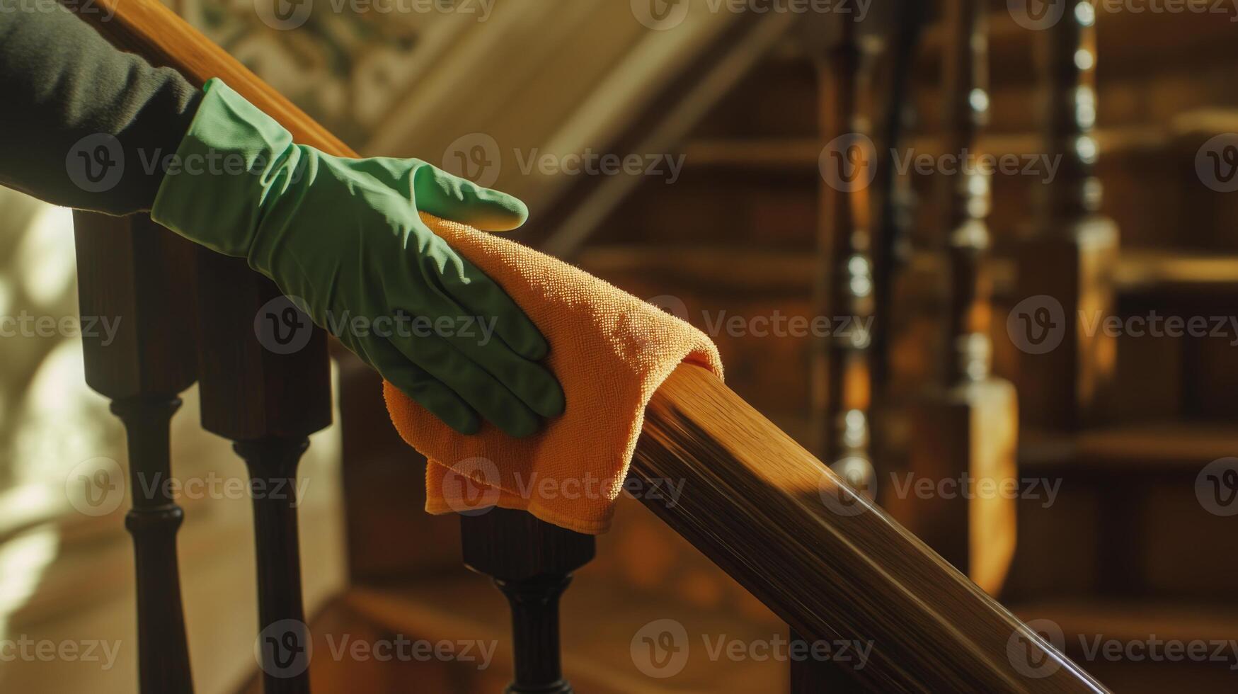 A person wearing green gloves wipes down a wooden handrail with an orange cloth during a spring cleaning session in a well-lit home. photo