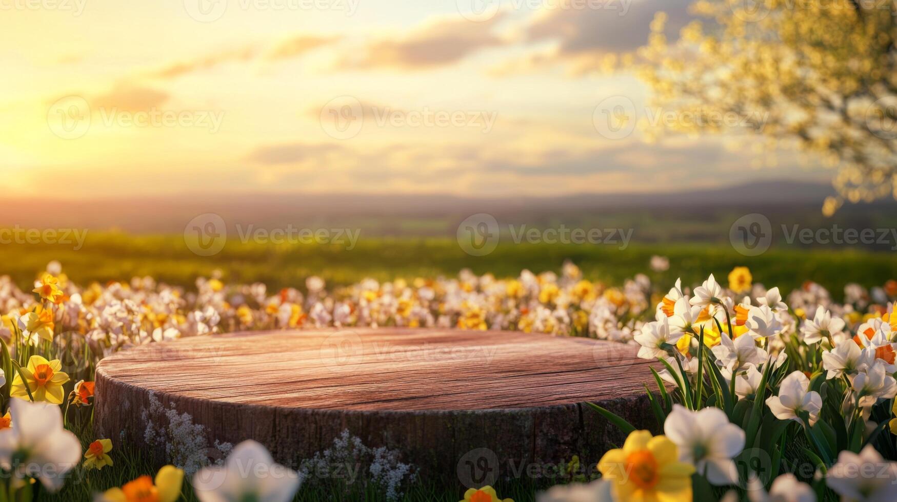 A wooden podium stands prominently in a field filled with colorful spring flowers under a bright sky. The scene captures the beauty of nature during the early spring season, with a stunning backdrop. photo