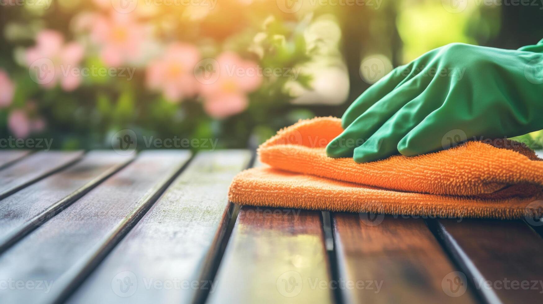 Hands wearing green gloves wipe down a wooden table using an orange cloth in a vibrant garden during spring. Fresh blooms and sunshine create a lively atmosphere perfect for cleaning. photo
