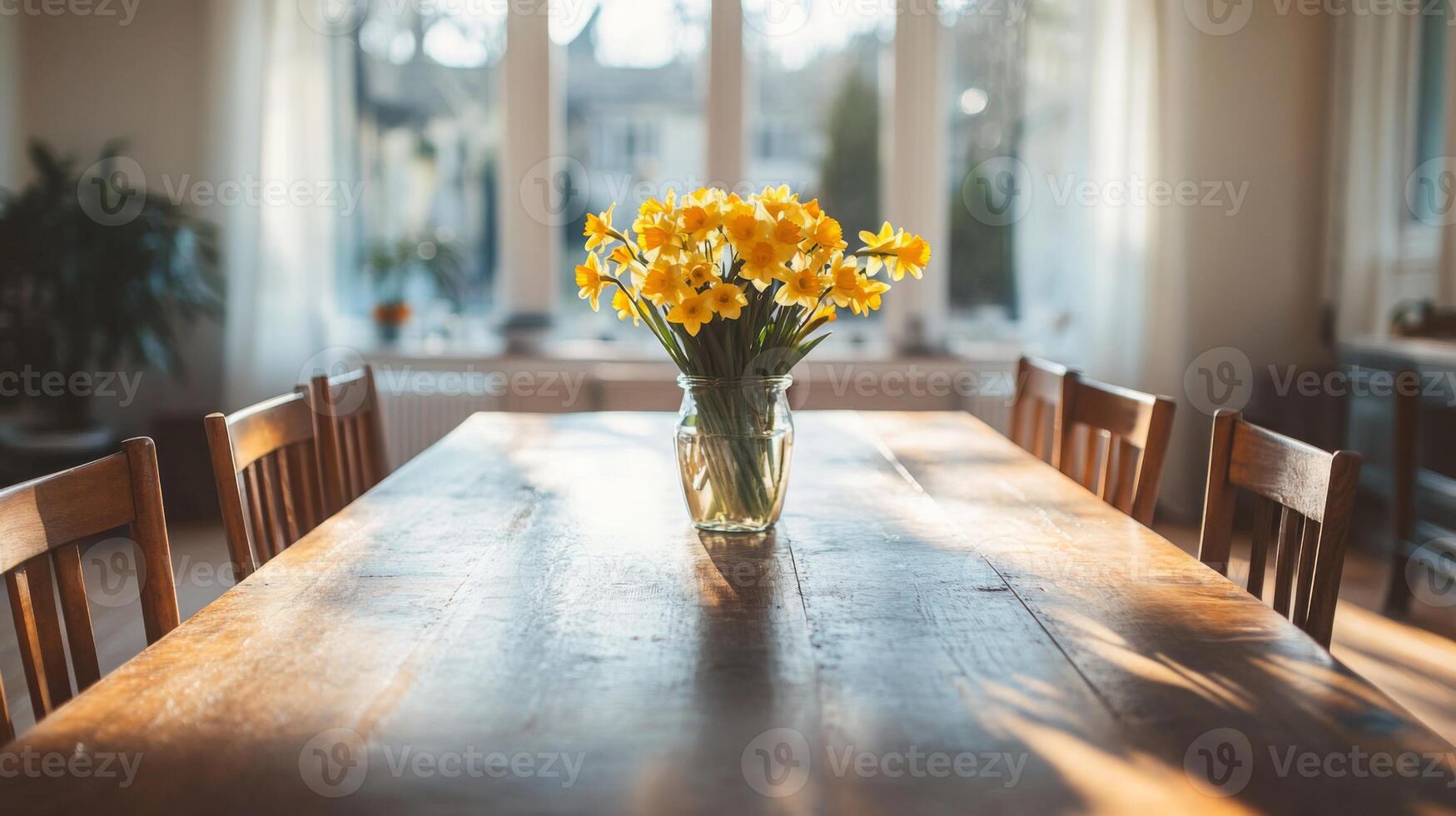 A tidy dining area is enhanced by a vase of vibrant yellow flowers placed on a rustic wooden table. Sunlight streams through large windows, illuminating the warm and inviting space. photo