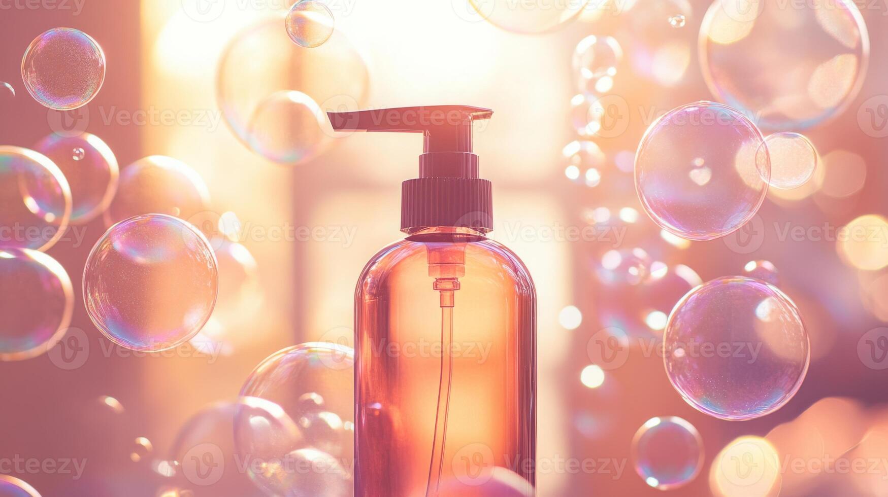 A clear bottle with a pump stands prominently in a bright setting. Bubbles float around, capturing the essence of spring cleaning. photo