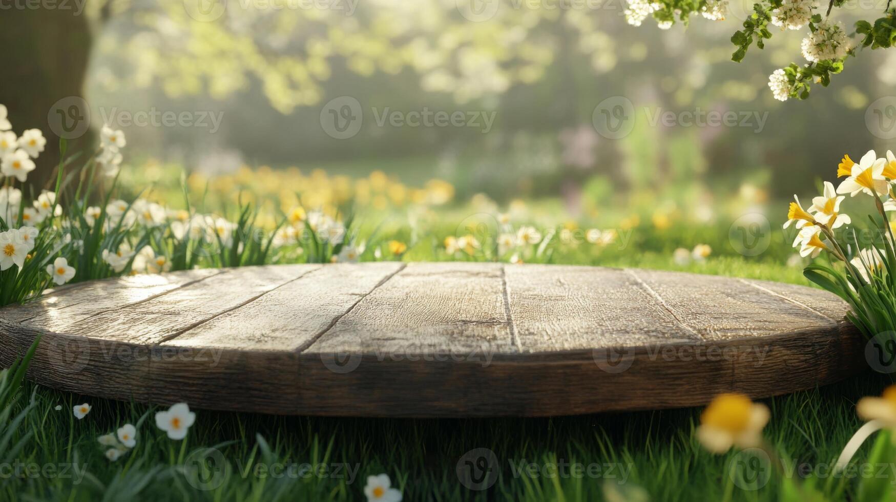 A wooden podium sits surrounded by lush green grass and colorful flowers, basking in the warm sunlight of spring. The lively atmosphere enhances the sense of renewal and growth. photo