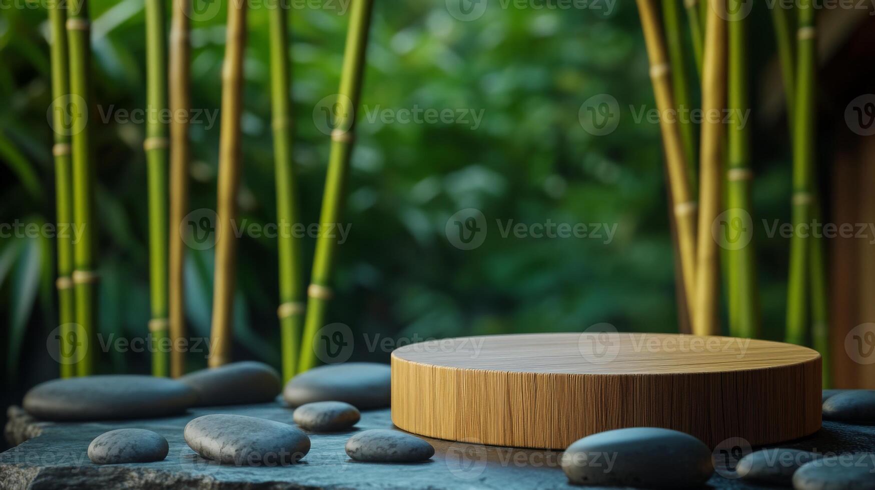 A serene outdoor area showcases a wooden podium surrounded by smooth stones and vibrant bamboo stalks. This spring setting creates a peaceful atmosphere for showcasing art or products. photo
