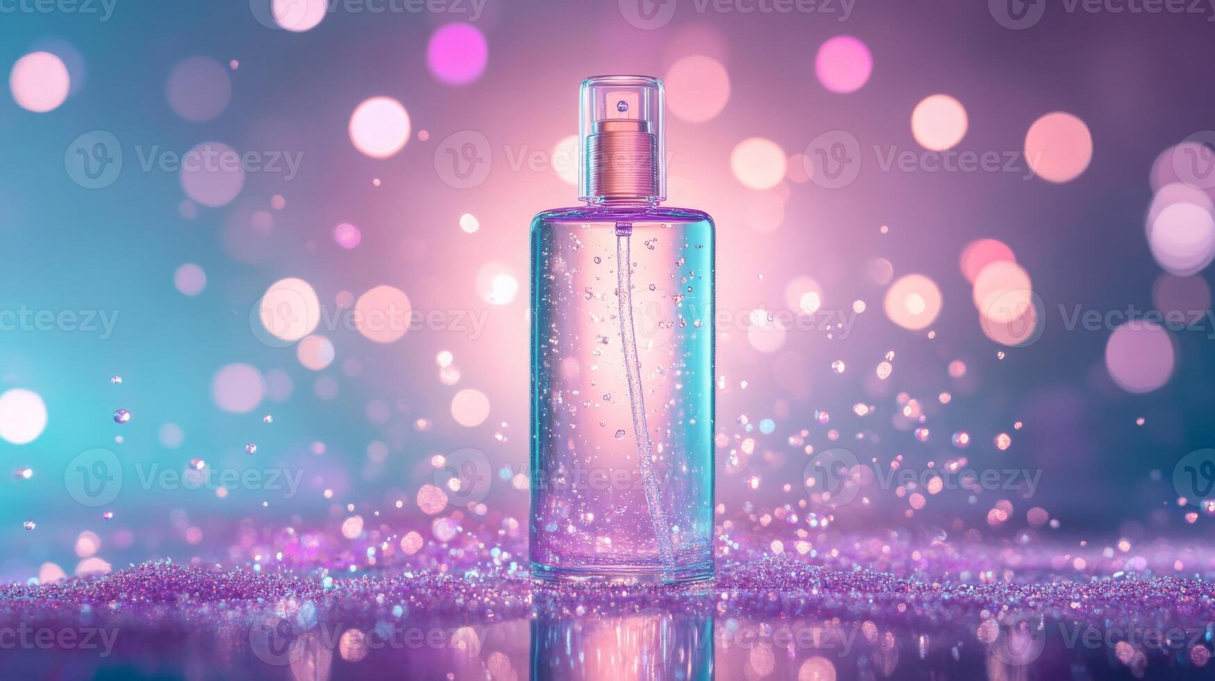 A vibrant fragrance bottle stands prominently, surrounded by a sparkling backdrop of colorful bokeh lights. The scene captures the essence of spring cleaning, infusing freshness and renewal. photo