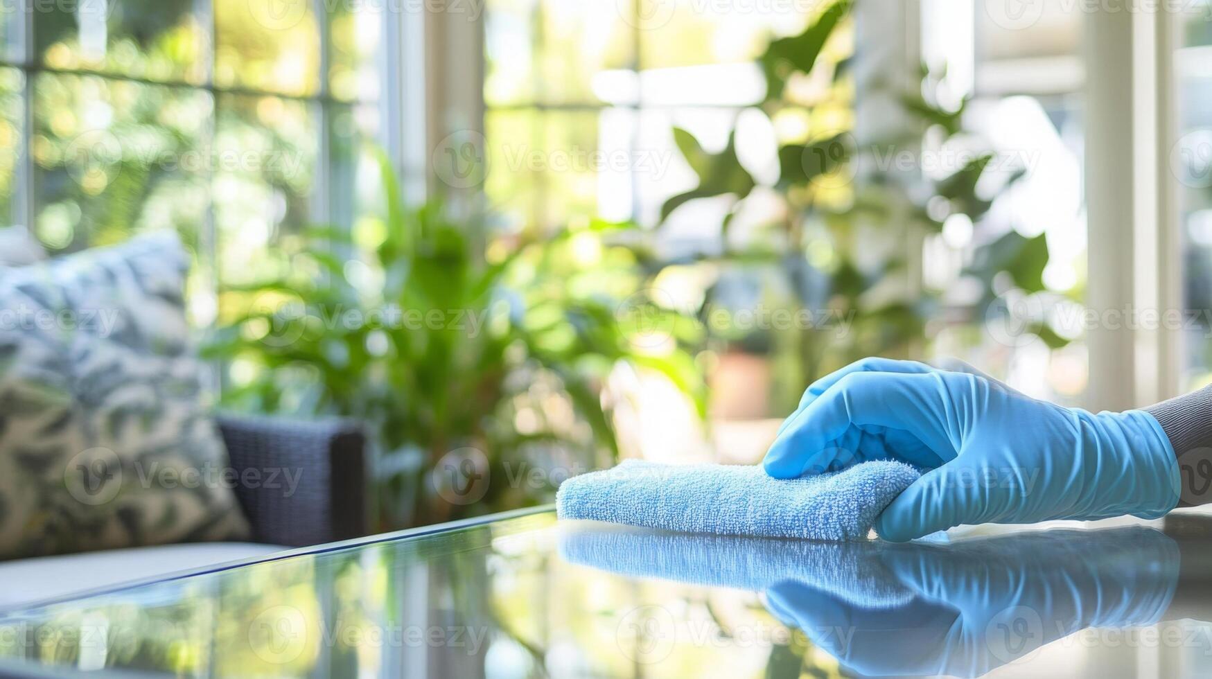 A gloved hand wipes a glass surface during spring cleaning. Sunlight streams through large windows, highlighting vibrant green plants and comfortable seating in a well-lit indoor area. photo