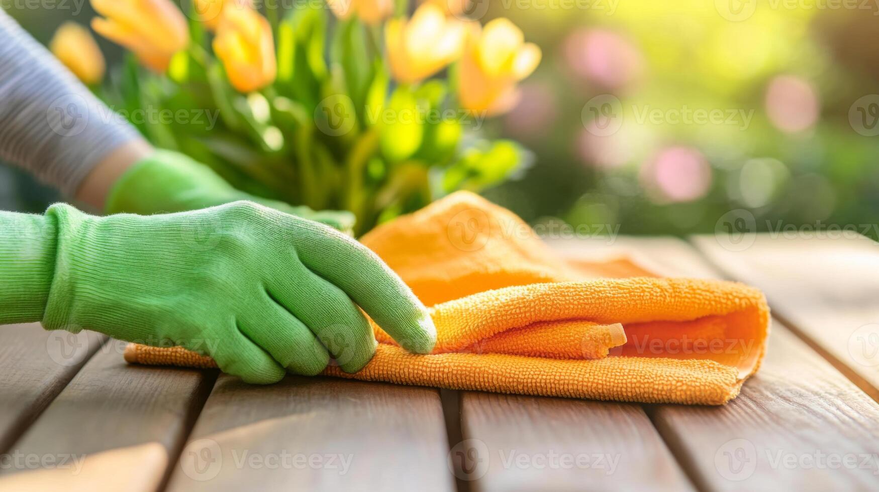 Hands wearing green gloves clean a wooden table with an orange cloth in a garden filled with blooming flowers. The warm sunlight enhances the colors, creating a fresh and inviting atmosphere. photo