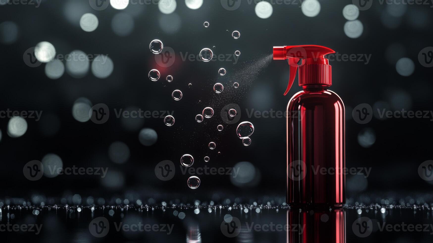 A vibrant red spray bottle releases fine mist and soap bubbles into the air, creating a playful atmosphere. The background features soft bokeh highlights, enhancing the spring cleaning vibe. photo
