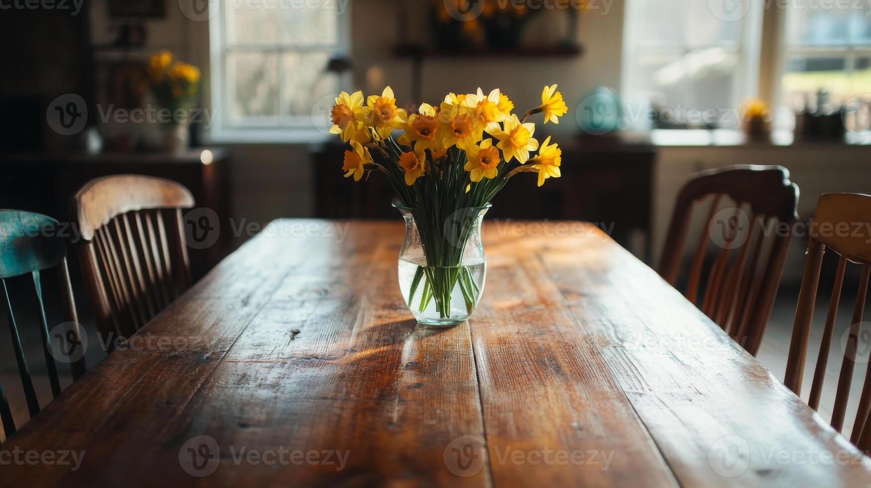 A cozy kitchen features a well-polished wooden table adorned with a clear vase of vibrant daffodils. Sunlight fills the room as spring cleaning creates a cheerful atmosphere. photo