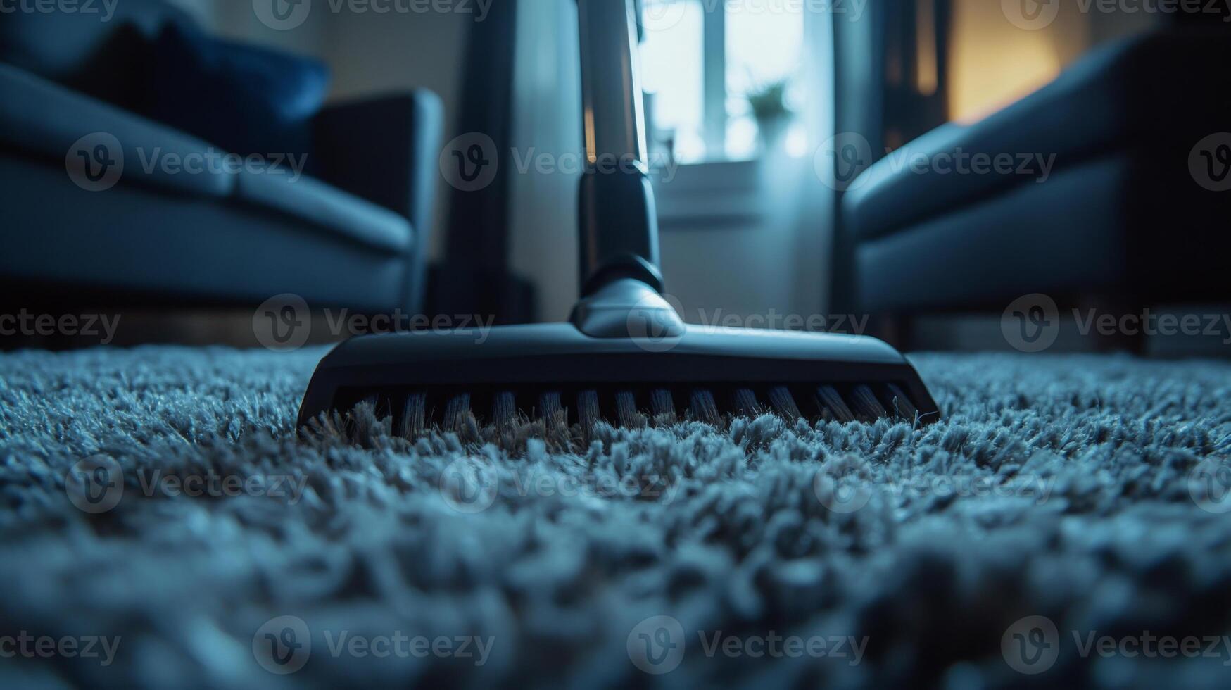 A person actively vacuuming a textured carpet in a cozy living room during spring cleaning, with sunlight filtering through windows and a serene atmosphere enhancing the tidying process. photo