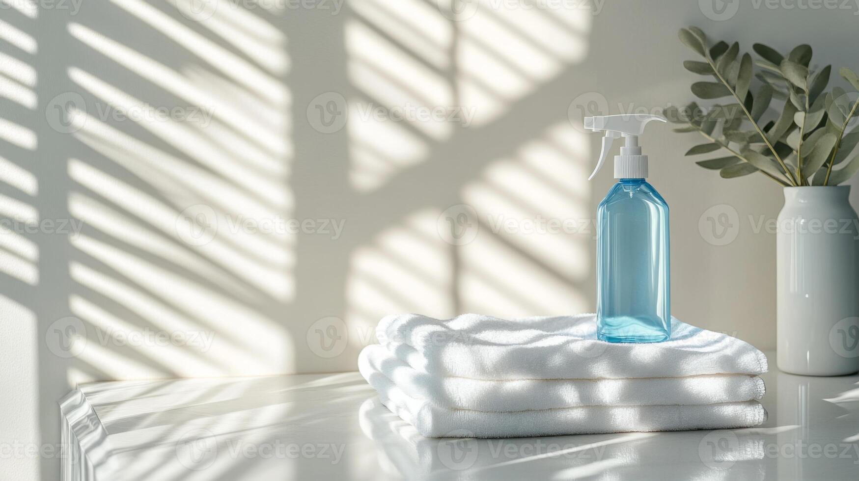 A blue spray bottle sits atop neatly stacked white towels, illuminated by soft sunlight filtering through striped shadows. A small plant adds a touch of greenery to the tidy arrangement. photo