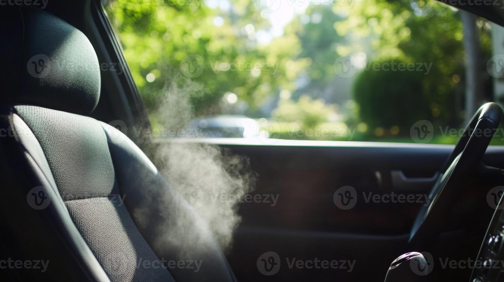 Steam rises from the seat of a car parked in a tree-lined area. The bright sunlight enhances the cleanliness process, effectively removing dust and allergens from the interior surfaces. photo