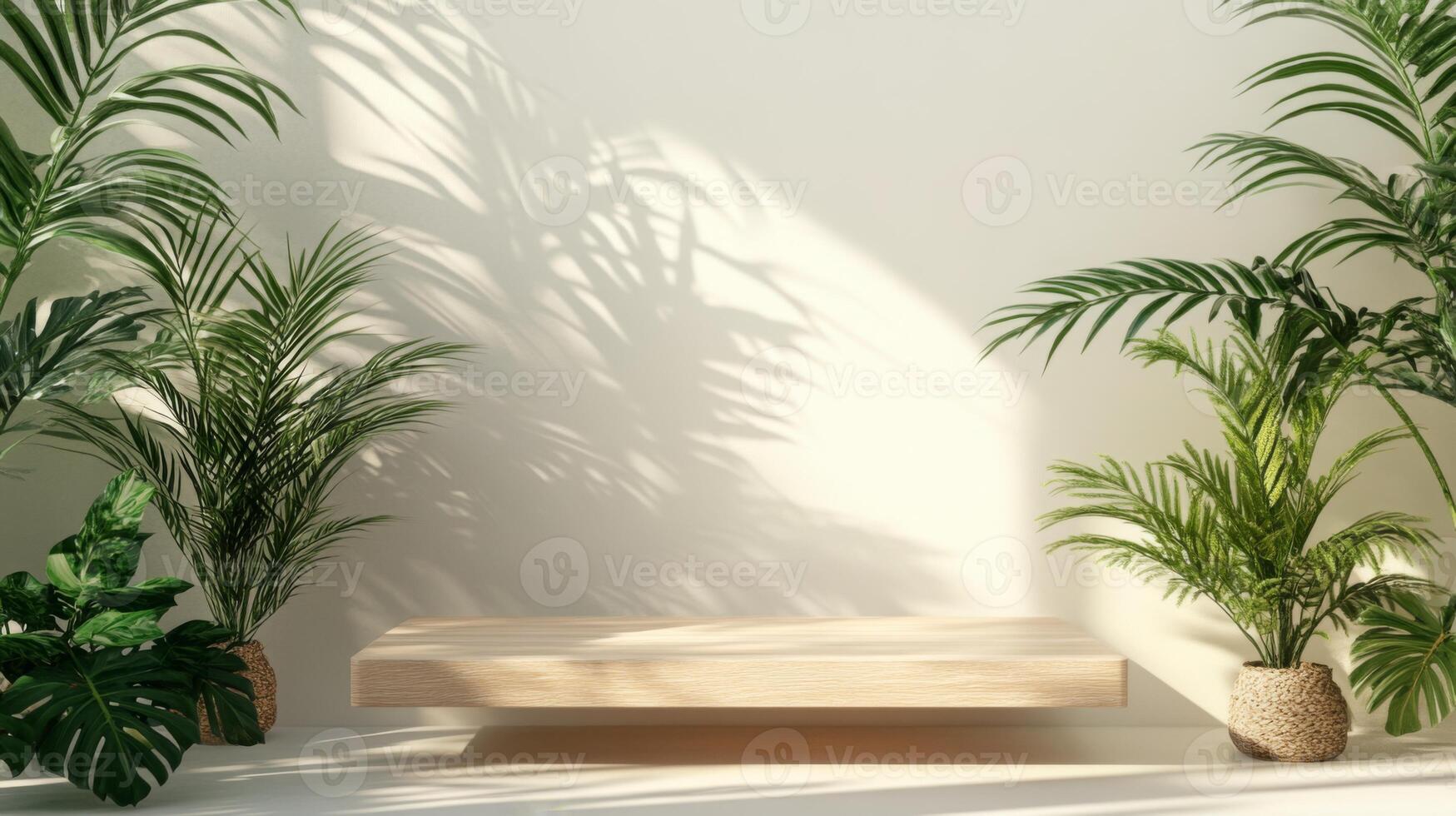 A polished wooden podium stands ready for a presentation, illuminated by soft light. Tropical plants frame the setup, embodying a refreshing spring atmosphere suitable for an AI-related gathering. photo
