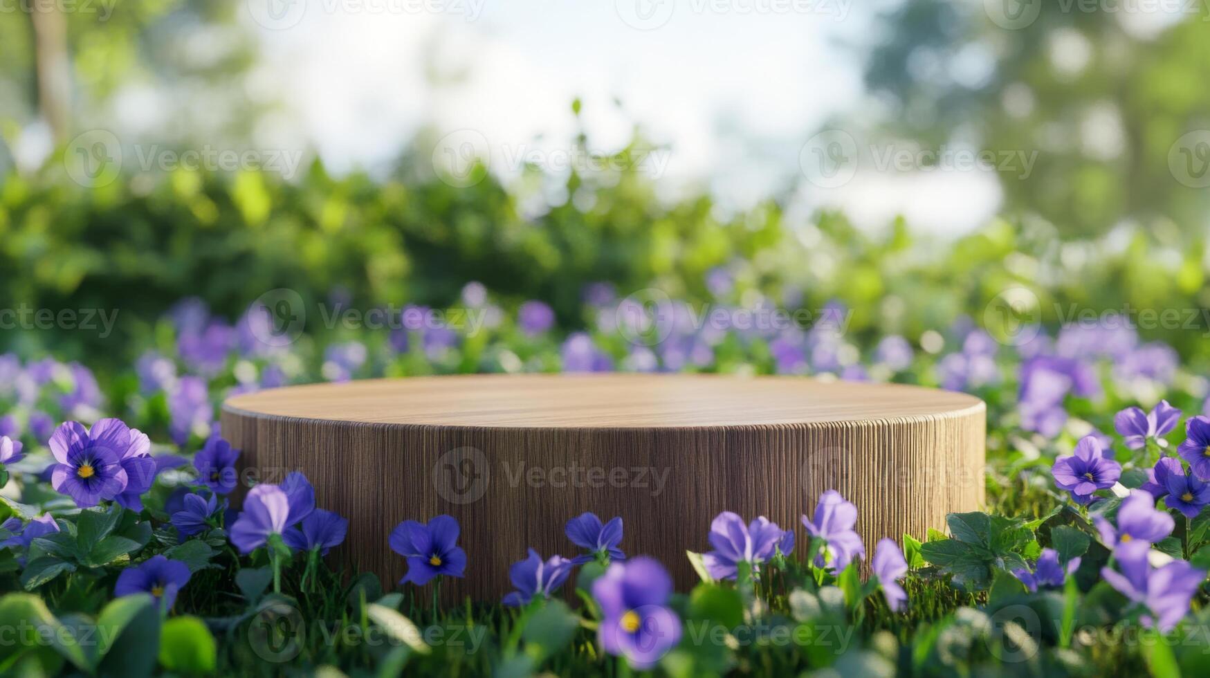 A wooden podium stands amidst a lush meadow filled with blooming purple flowers on a bright spring day. Sunlight filters through the trees, creating a serene atmosphere ideal for gatherings. photo